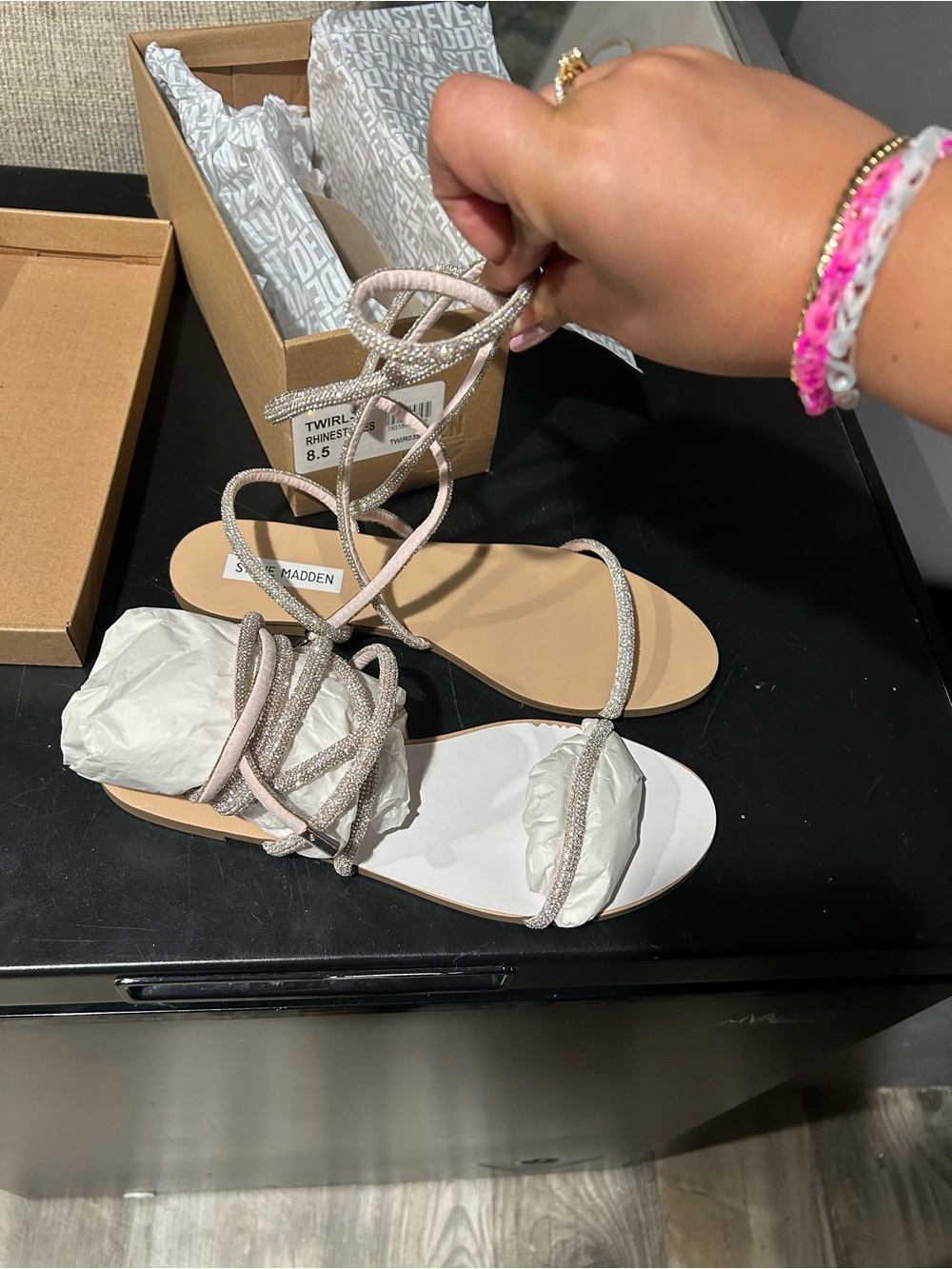 Brand new Steve Madden Rhinestone Lace-Up Sandals in Light Pink and Silver